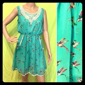 Bird Print Dress w/ Lace Bib